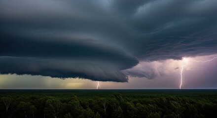 Dramatic Supercell Thunderstorm with Lightning Strikes Over Forest