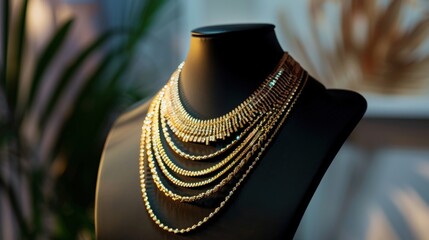 A collection of elegant gold necklaces displayed on a black jewelry stand. The background features soft lighting and green foliage, creating a luxurious atmosphere.