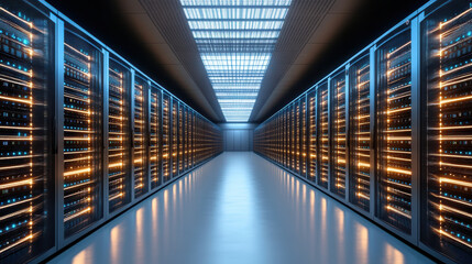 High tech server room with rows of illuminated servers, showcasing advanced technology