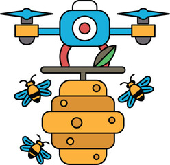 A black and white drawing of a bee hive with a drone on top