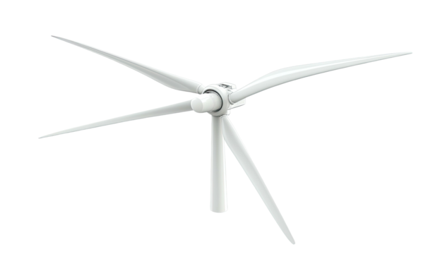 White three-blade wind turbine in clear sky, minimalist design