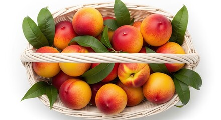 Fresh Ripe Nectarines in Woven Basket with Green Leaves Healthy Summer Fruit