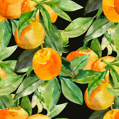 A branch of ripe tangerines. Seamless pattern.Image on white and colored background.