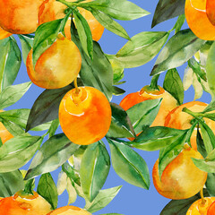 A branch of ripe tangerines. Seamless pattern.Image on white and colored background.