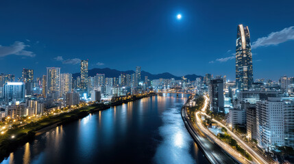 Naklejka premium Stunning city skyline night with bright moon illuminating scene, showcasing modern architecture