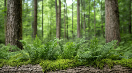 Naklejka premium Lush ferns and moss thrive on fallen log in vibrant forest, creating serene atmosphere