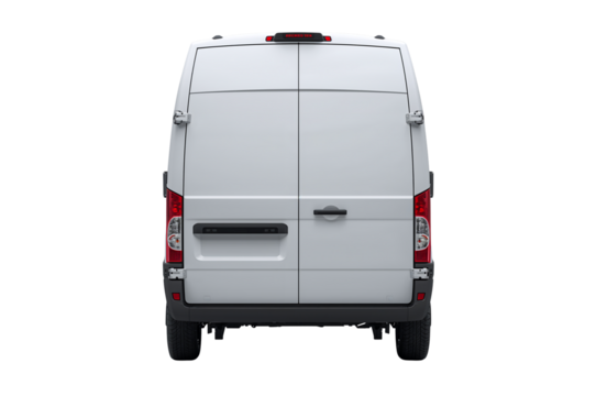 Rear View of White Cargo Van on Black