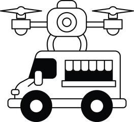 A black and white drawing of a truck with a camera on top of it