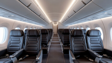 Obraz premium Modern airplane cabin interior features rows of black leather seats and overhead lighting