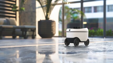 A small white delivery robot on wheels in a modern indoor space. The floor is shiny, and there are large potted plants in the background.
