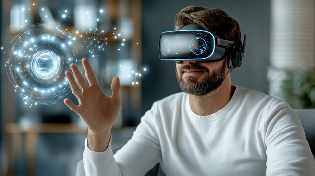 Immersive virtual reality experience with man using VR headset and hand gestures