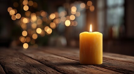 a beautifully lit yellow candle on an old wooden table, with warm bokeh lights in the background creating a cozy and inviting atmosphere.