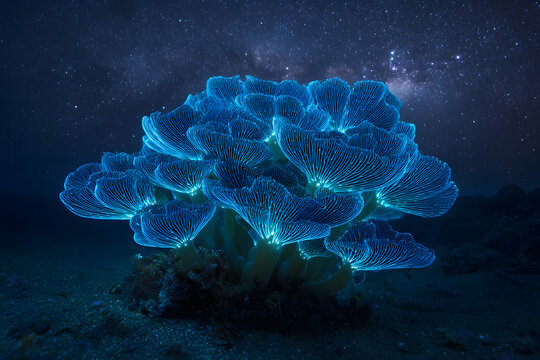 bioluminescent alien coral glowing under starlight with vibrant cosmic organic life aesthetic