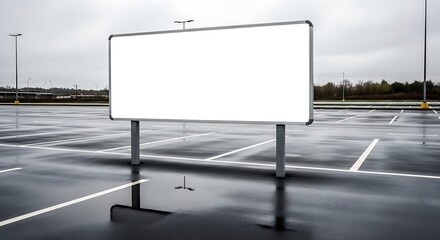 Blank Billboard in Wet Parking Lot on Overcast Day, Reflective Puddles