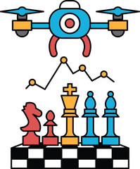 A black and white drawing of a drone flying over a chess board