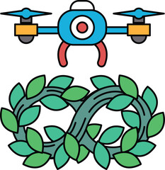 A black and white drawing of a drone and a leafy tree