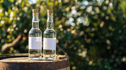 Glass bottles with empty labels and corks standing on a barrel in a natural setting