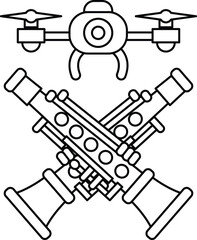 A black and white drawing of a gun and an airplane