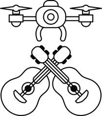 A black and white drawing of a guitar and a drone