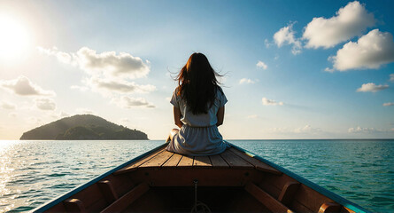 Fototapeta premium Woman sitting on boat bow sailing towards serene island getaway with clear blue waters.