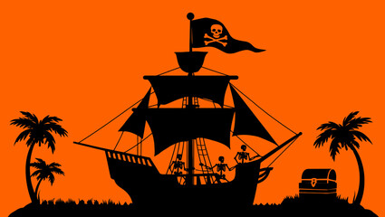 Pirate ship sailing adventure on tropical island with palm trees and treasure chest with skeleton crew art vector illustration