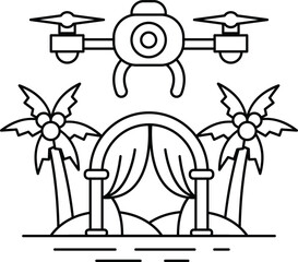 A black and white drawing of a tropical island with a large archway