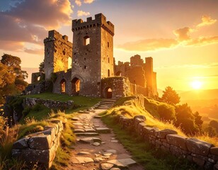 Ruined Stone Castle at Golden Sunset with Pathway and Clouds