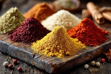 Various colorful spices arranged on a wooden surface for cooking