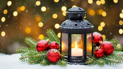 Christmas lantern with candle and ornaments on snow - Powered by Adobe