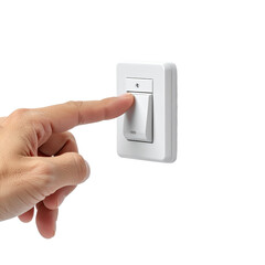Human finger presses a white light switch on a white wall.