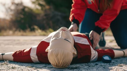 A female rescuer performs CPR on a training mannequin outdoors. The mannequin has a blond head and is lying on the ground. The rescuer wears a red jacket.