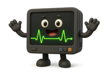 3d medical monitor character with smiling face and green heart rate line, cartoon style, black body, standing with raised hands, isolated on transparency background