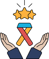 A drawing of two hands holding a ribbon with three stars on top
