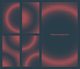 Assorted vector triangles hexagonal grid red black halftone pattern set in vertical 9:16 aspect ratio including round frame and various smooth blurred textures. Half tone texture design element bundle