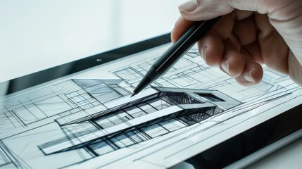 A hand holding a stylus draws architectural designs on a digital tablet. The screen displays detailed blueprints of a modern building.