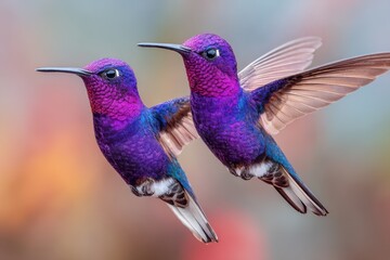 Naklejka premium Two vibrant hummingbirds in midair with wings in graceful flight