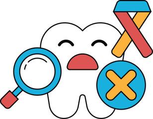 A cartoonish tooth with a magnifying glass on it