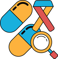 A pill and magnifying glass are shown in a black and white drawing
