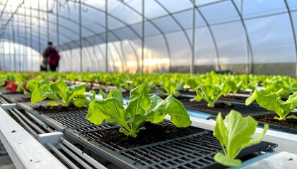 Interior of a greenhouse, rows of leafy greens, person in the background