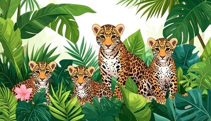 Four spotted jungle felines with their cubs, nestled in lush greenery