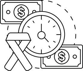 A black and white drawing of a clock with a ribbon and dollar bills