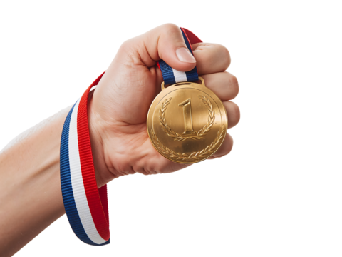 Hand Holding a Gold Medal with Number One Symbolizing Victory and Achievement on Black Background