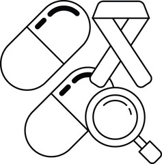 A pill and magnifying glass are shown in a black and white drawing