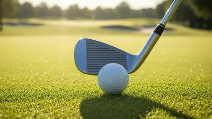 Closeup of a golf club about to hit a golf ball on green grass - Powered by Adobe