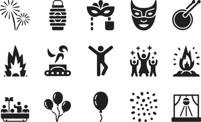 Celebrations and festivals black and white icon set for party and event designs