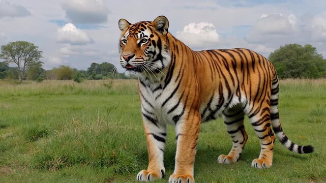 there is a tiger standing in a field of grass with trees in the background