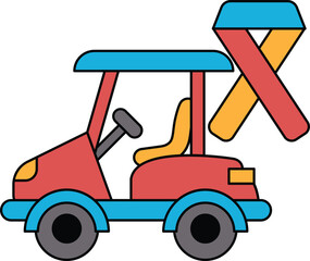 A black and white drawing of a golf cart with a ribbon attached to it