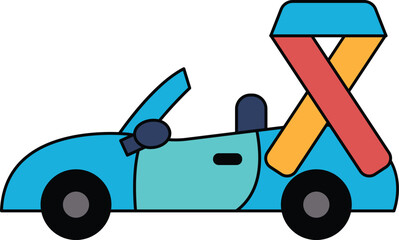 A car with a ribbon on the roof