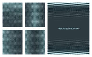 Assorted vector square bricks dark cyan halftone pattern set in vertical 4:5 aspect ratio including faded frame and various textures. Varied modern half tone textured graphical design elements bundle