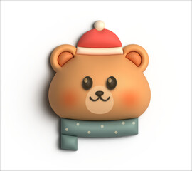 Fototapeta premium 3D Christmas Teddy bear with Santa Claus hat and Scarf isolated in White Background